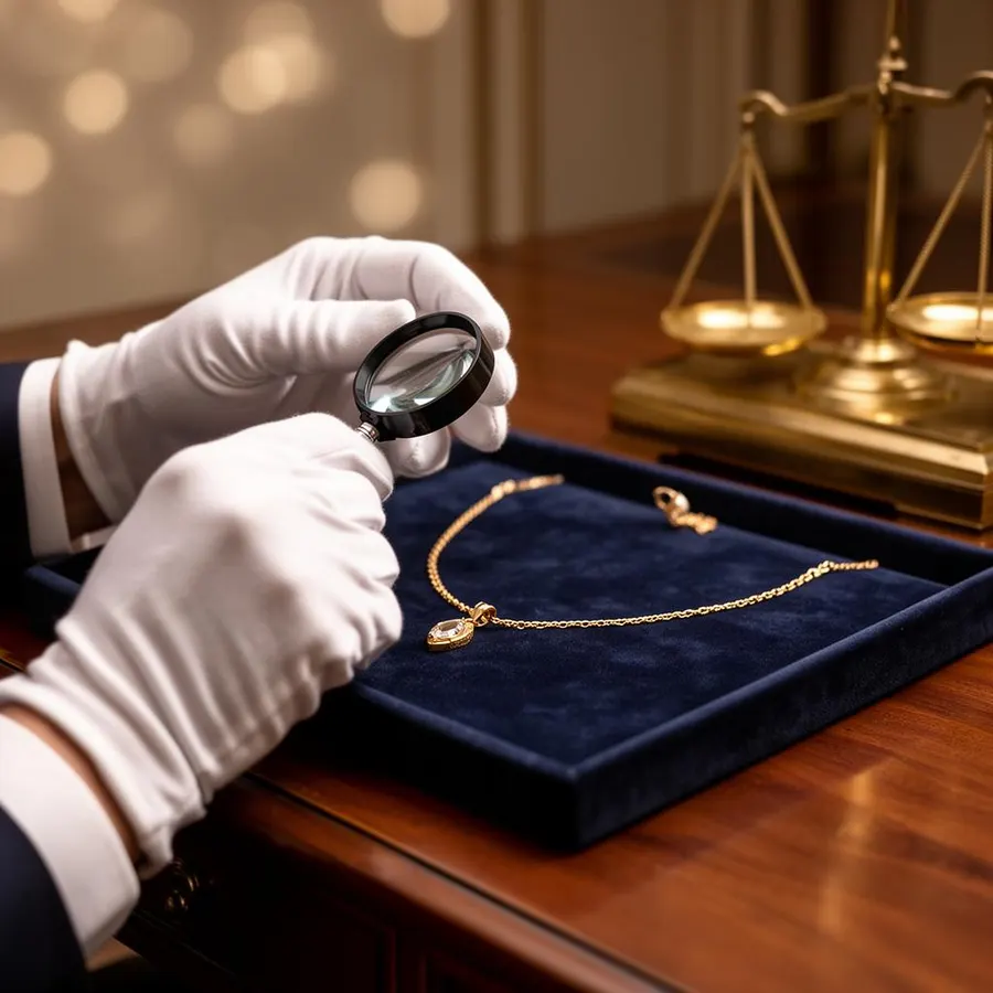 Expert taxeert gouden ketting met loep en weegschaal — taxatie voor Diemen en omgeving